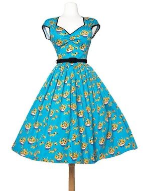 Pinup Couture Mary Blair Turquoise Cat Fit & Flare Midi Dress Size S EUC